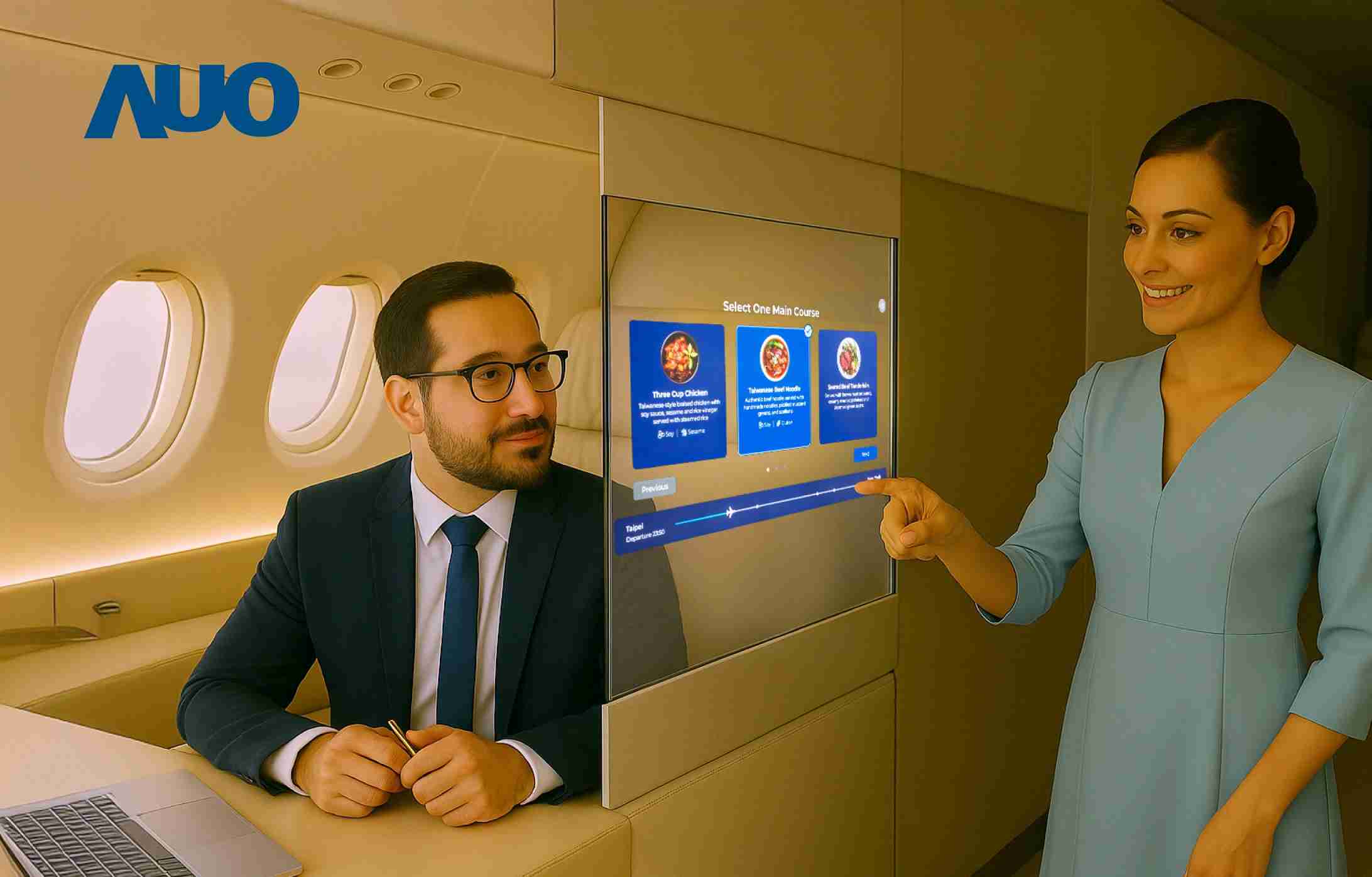 PG国际研发全球最薄17.3 吋双面透明 Micro LED 显示器，，，，可在同一屏幕之双边投射不同信息，，创造独特的”透明化”互动；图为实时翻译交流应用情境